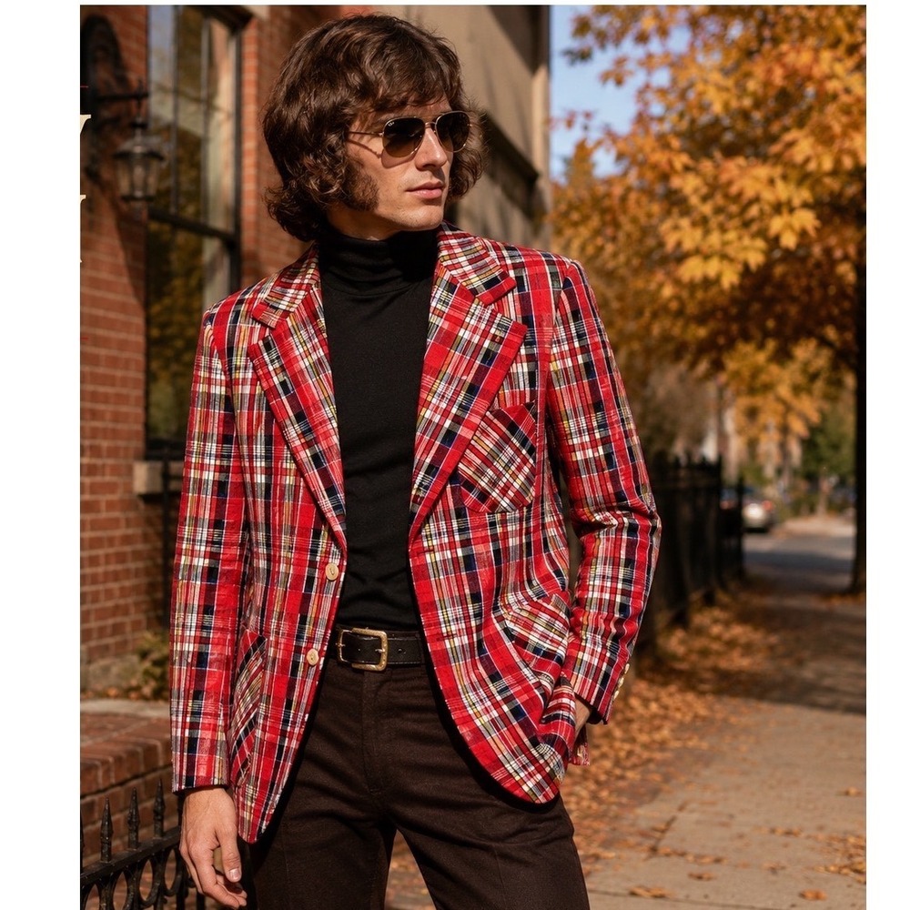 Vintage 70s Johnny Carson Red Tartan Plaid Sport Coat Blazer Mens 40R Mod